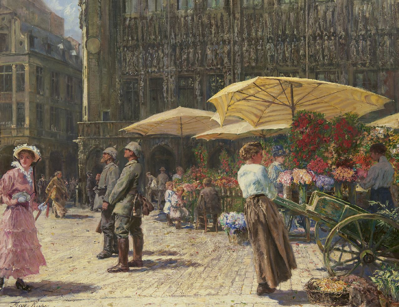 Rabes M.F.F. | 'Max' Friedrich Ferdinand Rabes, Bloemenmarkt in Brussel, olieverf op doek 80,2 x 100,2 cm, gesigneerd linksonder Rabes M.F.F. | 'Max' Friedrich Ferdinand Rabes, Bloemenmarkt in Brussel, olieverf op doek 80,2 x 100,2 cm, gesigneerd linksonder