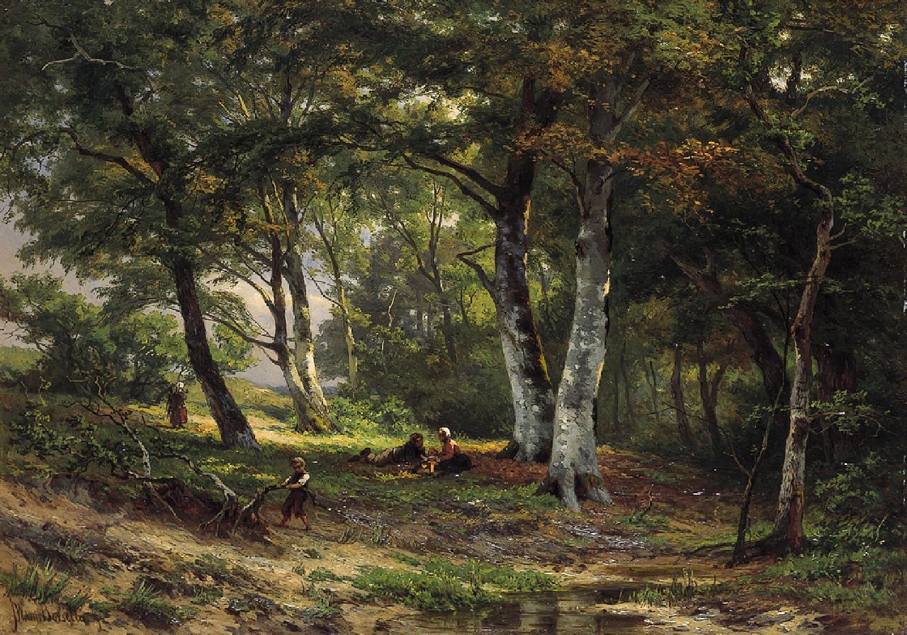 Borselen J.W. van | Jan Willem van Borselen, Jonge vader en moeder in de Scheveningse Bosjes, olieverf op paneel 36,5 x 52,0 cm, gesigneerd linksonder