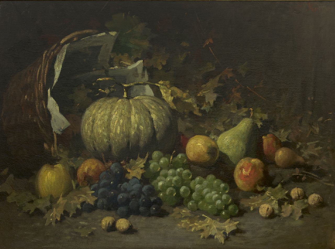 Kriens O.G.A. | 'Otto' Gustav Adolf Kriens | Schilderijen te koop aangeboden | Vruchten in een mand op de bosgrond, olieverf op doek 54,4 x 73,0 cm, gesigneerd rechtsboven Kriens O.G.A. | 'Otto' Gustav Adolf Kriens | Schilderijen te koop aangeboden | Vruchten in een mand op de bosgrond, olieverf op doek 54,4 x 73,0 cm, gesigneerd rechtsboven