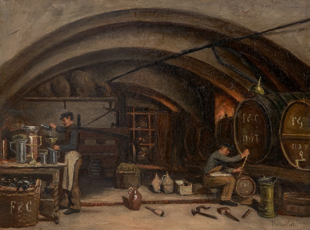 Vlis J.F. van der | Johannes Franciscus van der Vlis, Gezicht in wijnkelder Finjé & Co. aan de Oudegracht, Utrecht, olieverf op paneel 39,3 x 50,1 cm, gesigneerd rechtsonder en te dateren ca. 1910-1920, zonder lijst