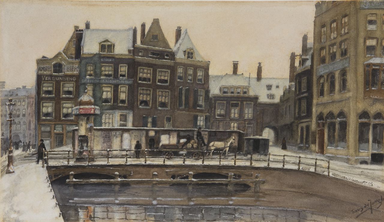 Jongh M.J. de | Martinus Johannes 'Tinus' de Jongh, Winters gezicht op het Rokin met het Beurspoortje, Amsterdam, aquarel op papier 34,6 x 61,0 cm, gesigneerd rechtsonder en te dateren ca. 1910 Jongh M.J. de | Martinus Johannes 'Tinus' de Jongh, Winters gezicht op het Rokin met het Beurspoortje, Amsterdam, aquarel op papier 34,6 x 61,0 cm, gesigneerd rechtsonder en te dateren ca. 1910