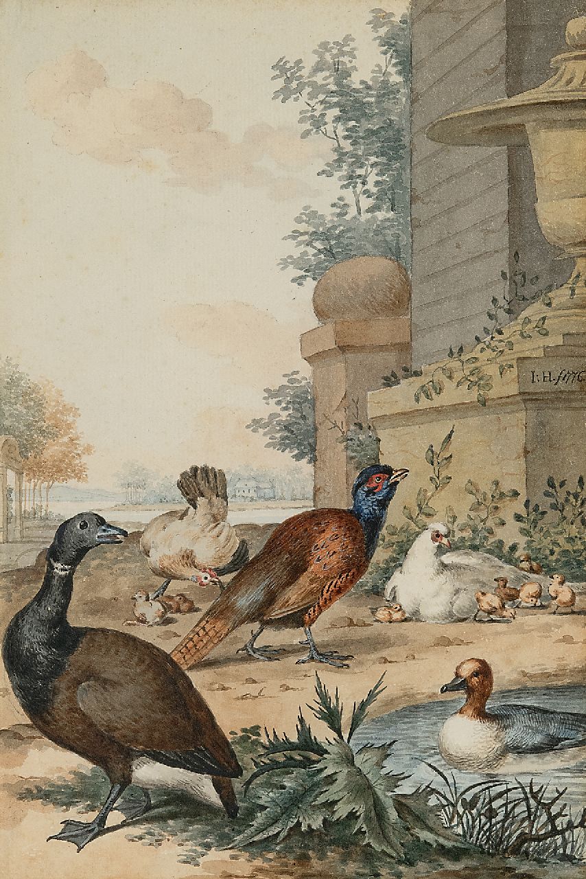 Heenck J. | Jabez Heenck | Aquarellen en tekeningen te koop aangeboden | Een Tafeleend en andere vogels in een parklandschap, aquarel op papier 26,5 x 18,1 cm, gesigneerd rechts van het midden met monogram en gedateerd 1776 Heenck J. | Jabez Heenck | Aquarellen en tekeningen te koop aangeboden | Een Tafeleend en andere vogels in een parklandschap, aquarel op papier 26,5 x 18,1 cm, gesigneerd rechts van het midden met monogram en gedateerd 1776