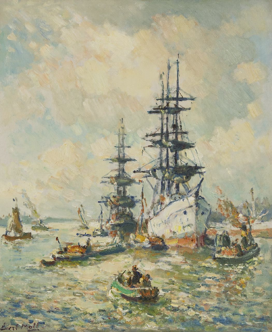 Moll E. | Evert Moll | Schilderijen te koop aangeboden | Driemasters op de Maas bij Rotterdam, olieverf op doek 60,2 x 50,2 cm, gesigneerd linksonder Moll E. | Evert Moll | Schilderijen te koop aangeboden | Driemasters op de Maas bij Rotterdam, olieverf op doek 60,2 x 50,2 cm, gesigneerd linksonder