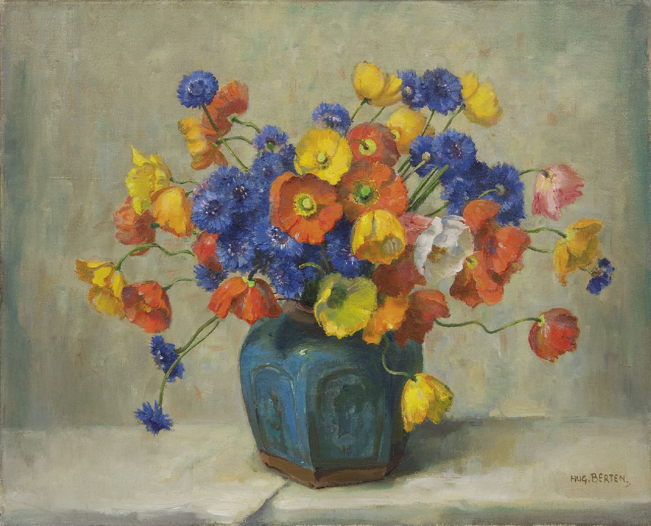Berten H.H. | Hermann 'Hugo' Berten, Klaprozen en korenbloemen in een gemberpot, olieverf op doek 40,3 x 50,2 cm, gesigneerd rechtsonder Berten H.H. | Hermann 'Hugo' Berten, Klaprozen en korenbloemen in een gemberpot, olieverf op doek 40,3 x 50,2 cm, gesigneerd rechtsonder
