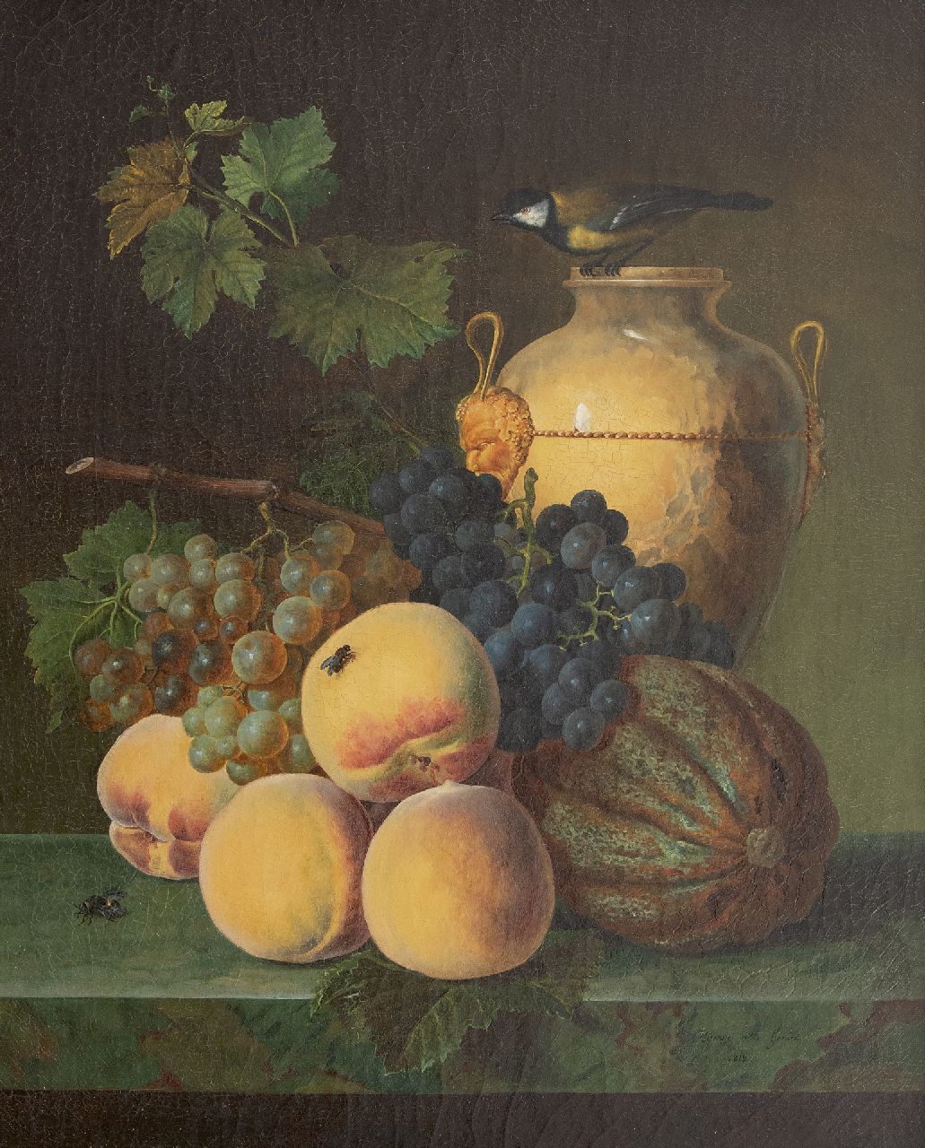 Génin O.M.  | Olympe Mouette Génin, Stilleven met perziken, kruik en vogeltje, olieverf op doek 49,0 x 39,9 cm, gesigneerd rechtsonder en gedateerd 1818