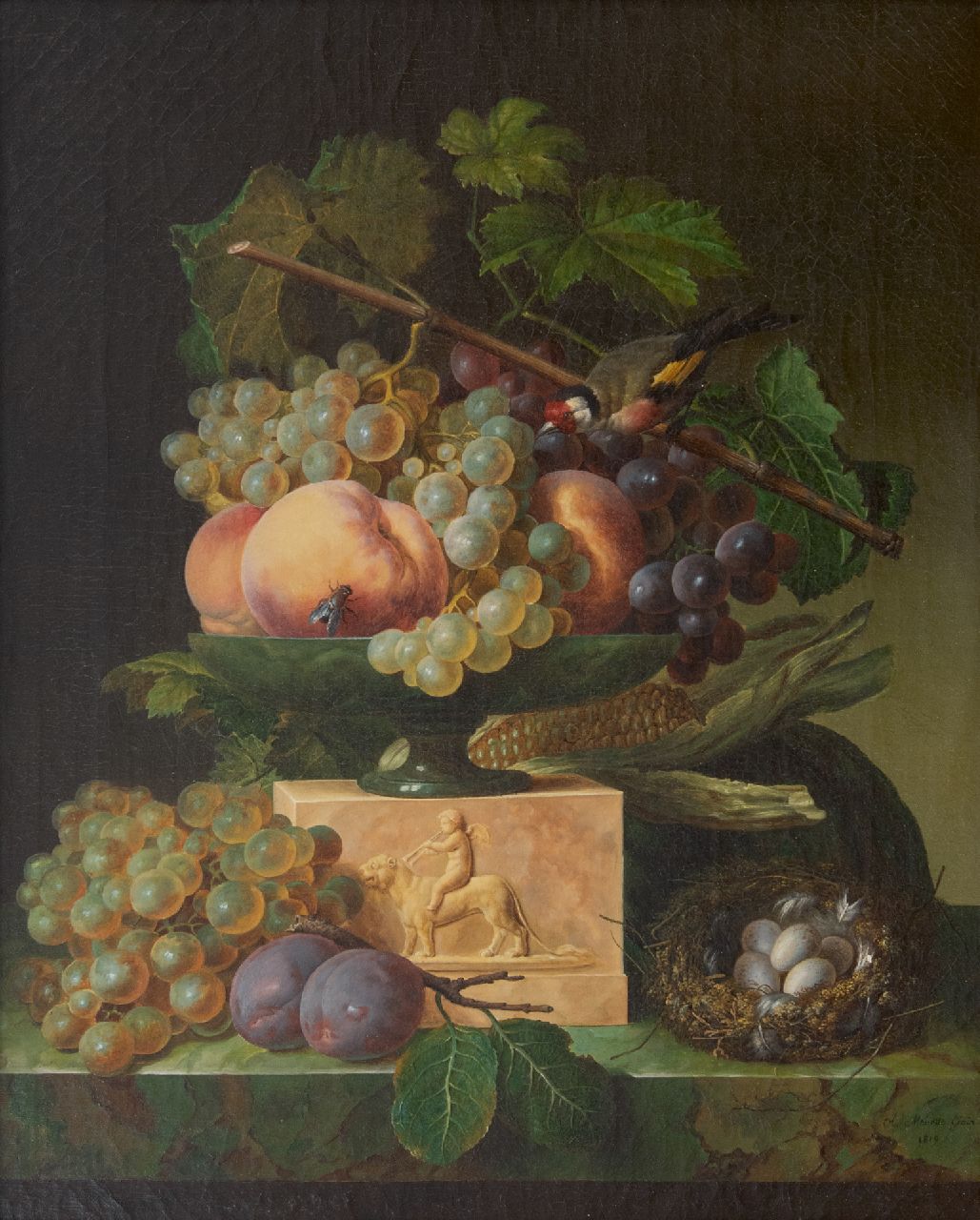 Génin O.M.  | Olympe Mouette Génin, Stilleven met druiven, een vogelnestje en een puttertje, olieverf op doek 49,2 x 39,8 cm, gesigneerd rechtsonder en gedateerd 1819