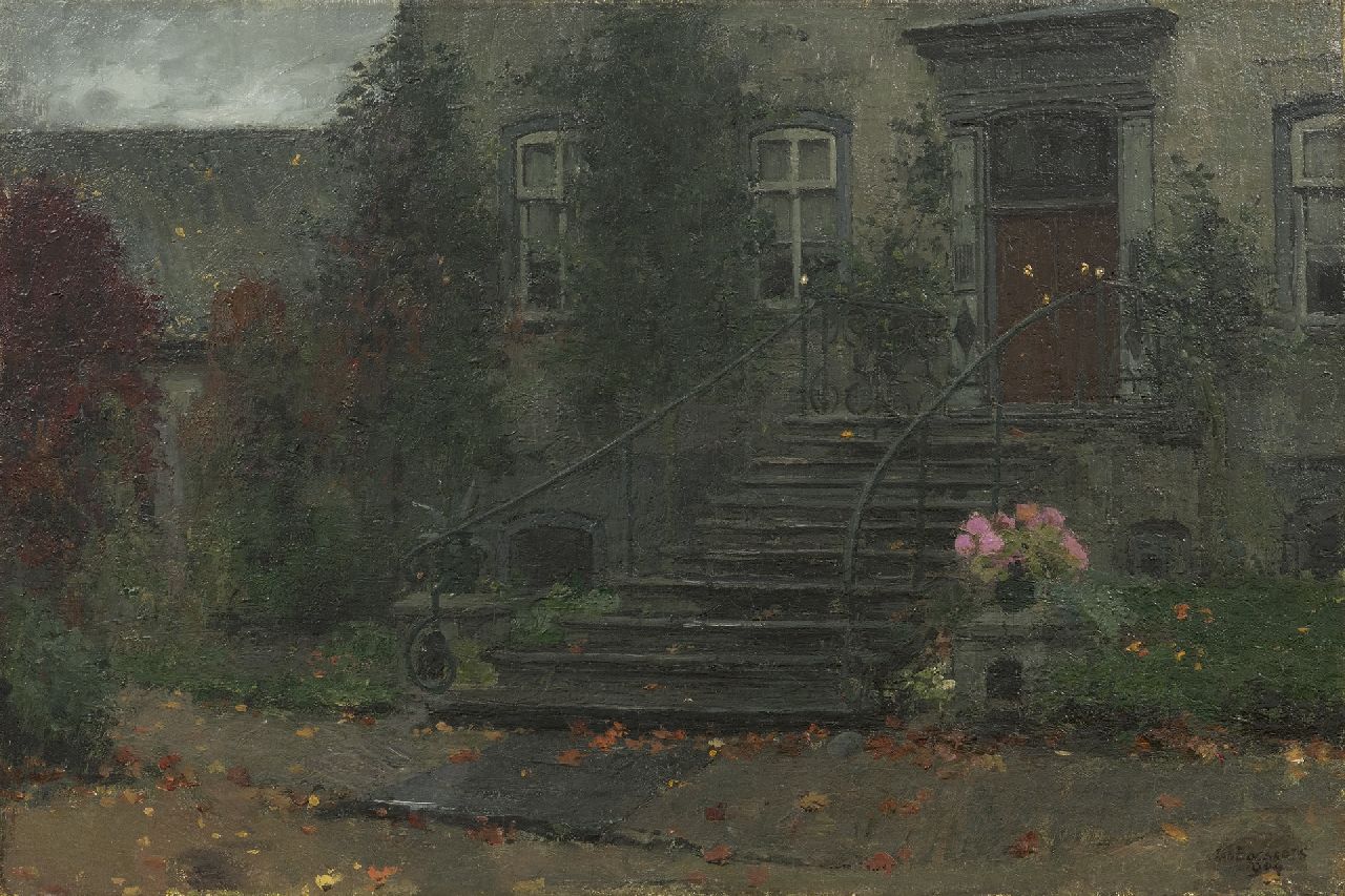 Bogaerts J.J.M.  | Johannes Jacobus Maria 'Jan' Bogaerts, Gezicht op de ingangspartij van een landhuis, olieverf op doek 40,4 x 60,7 cm, gesigneerd rechtsonder en gedateerd 1904