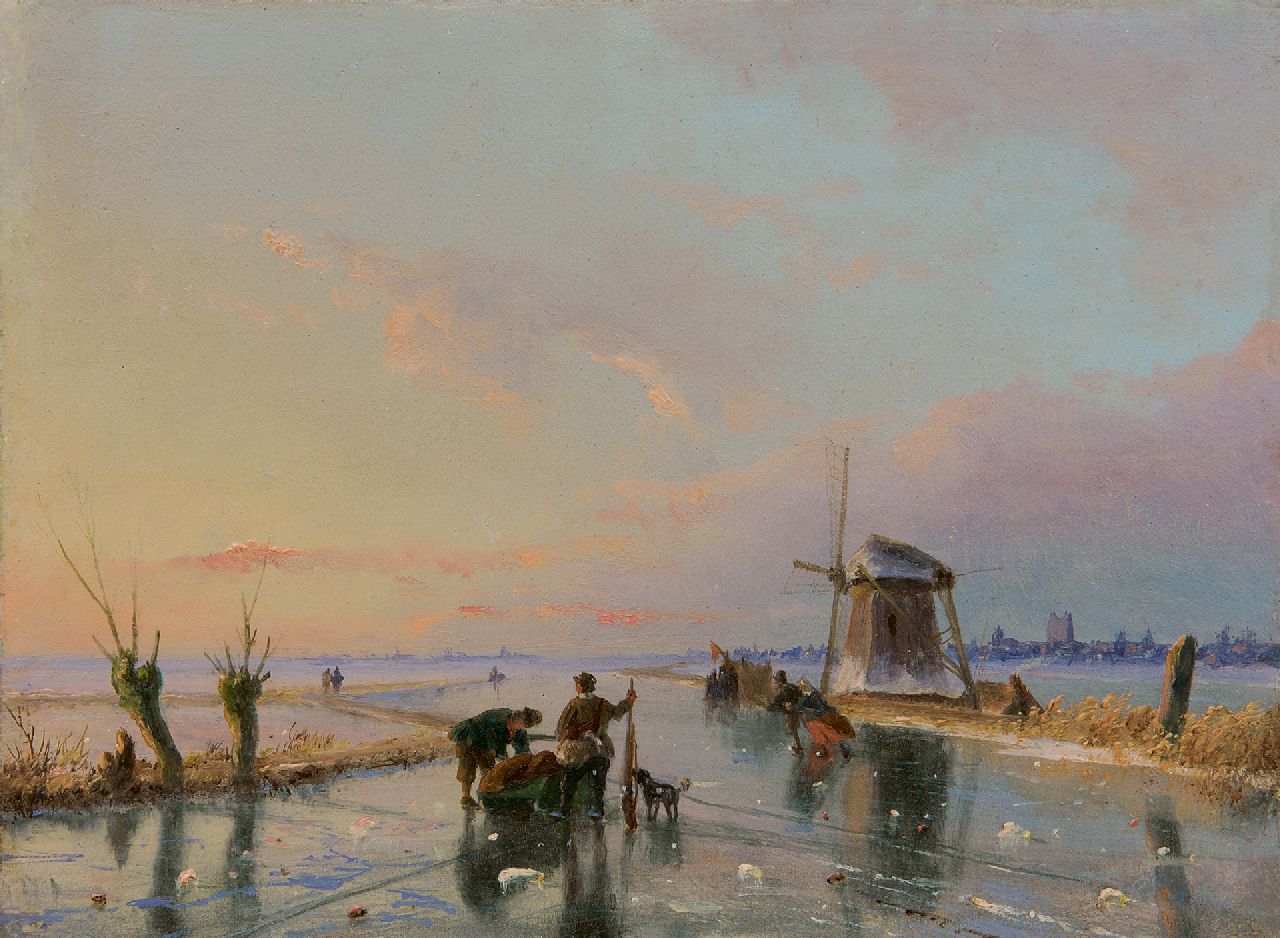 Roosenboom N.J.  | Nicolaas Johannes Roosenboom, Schaatsers en slede in weids winterlandschap, olieverf op paneel 16,3 x 21,9 cm