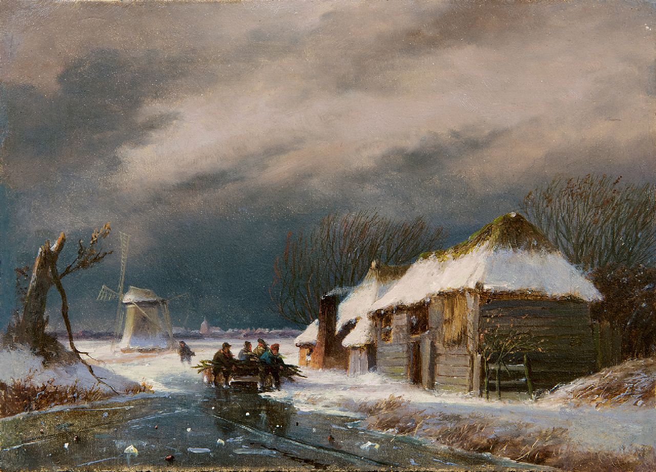 Roosenboom N.J. | Nicolaas Johannes Roosenboom, Figuren op het ijs bij naderende storm, olieverf op paneel 16,0 x 21,9 cm Roosenboom N.J. | Nicolaas Johannes Roosenboom, Figuren op het ijs bij naderende storm, olieverf op paneel 16,0 x 21,9 cm