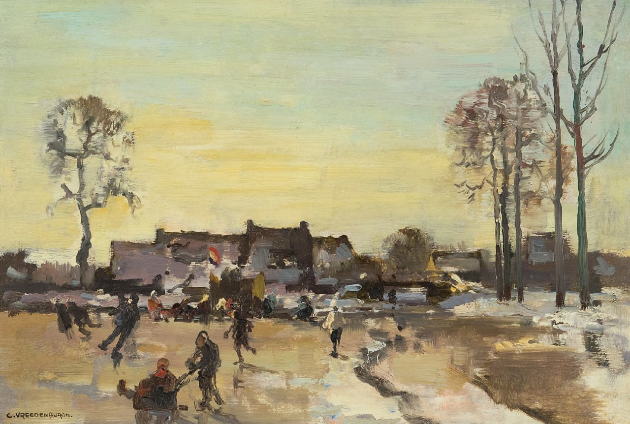 Vreedenburgh C. | Cornelis Vreedenburgh, Schaatsvertier, olieverf op paneel 23,9 x 35,1 cm, gesigneerd linksonder Vreedenburgh C. | Cornelis Vreedenburgh, Schaatsvertier, olieverf op paneel 23,9 x 35,1 cm, gesigneerd linksonder