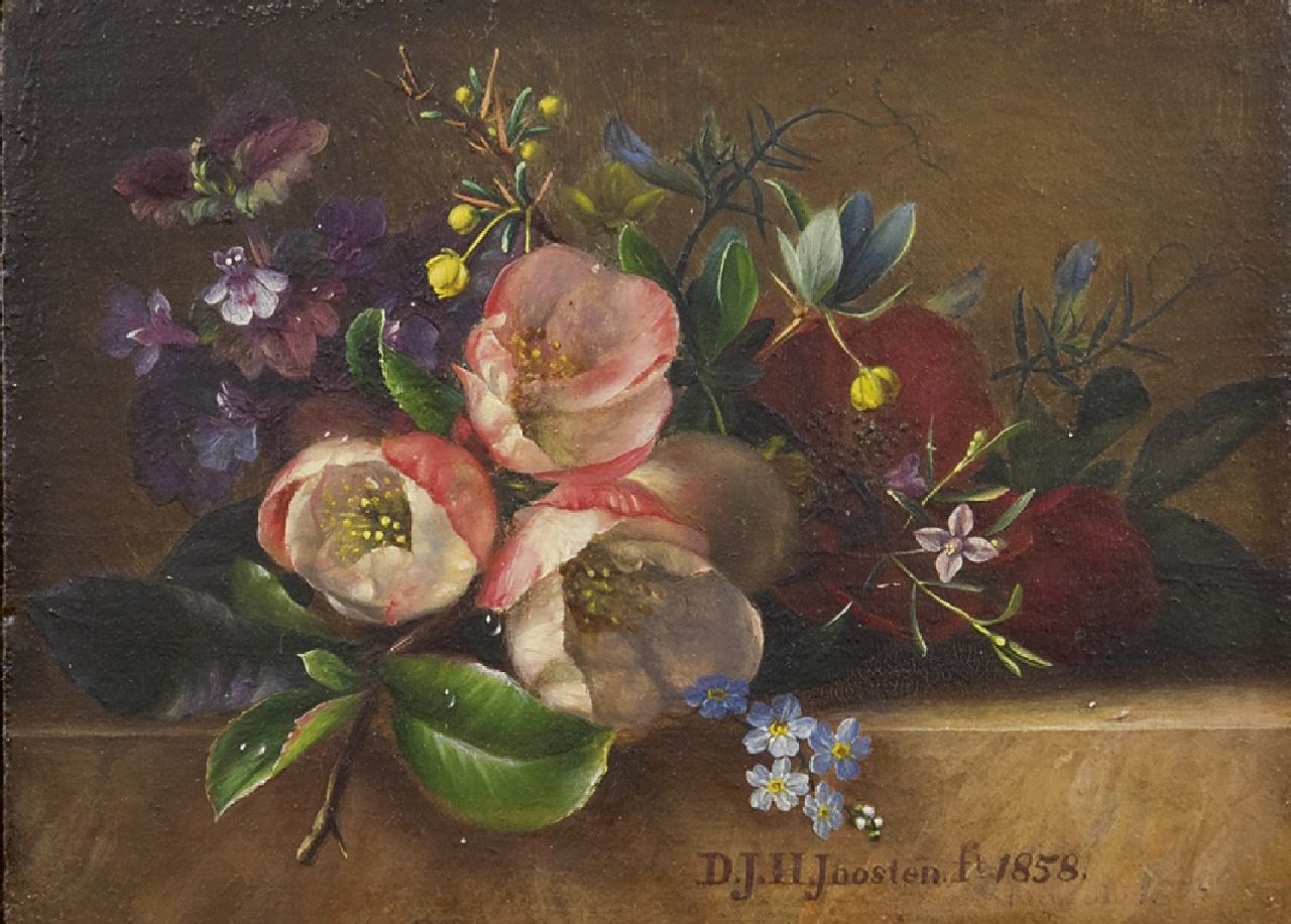 Joosten D.J.H.  | Dirk Jan Hendrik Joosten, Bloemen op een plint, olieverf op paneel 9,5 x 13,0 cm, gesigneerd middenonder en gedateerd 1858