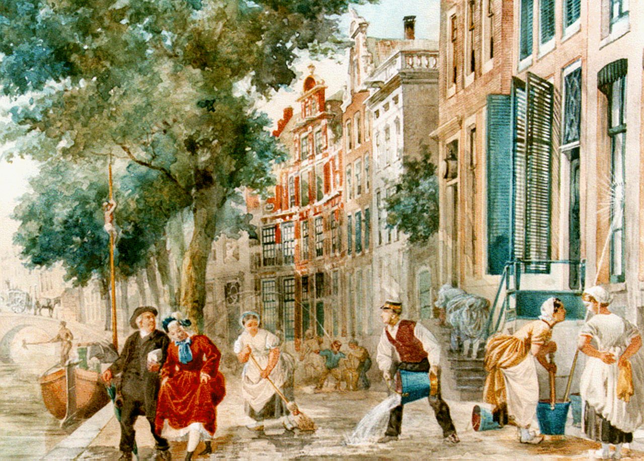 Zuidema Broos J.J. | Jan Jacob Zuidema Broos, Schoonmaak in Amsterdams straatje, aquarel op papier 31,2 x 40,0 cm, gesigneerd linksonder Zuidema Broos J.J. | Jan Jacob Zuidema Broos, Schoonmaak in Amsterdams straatje, aquarel op papier 31,2 x 40,0 cm, gesigneerd linksonder