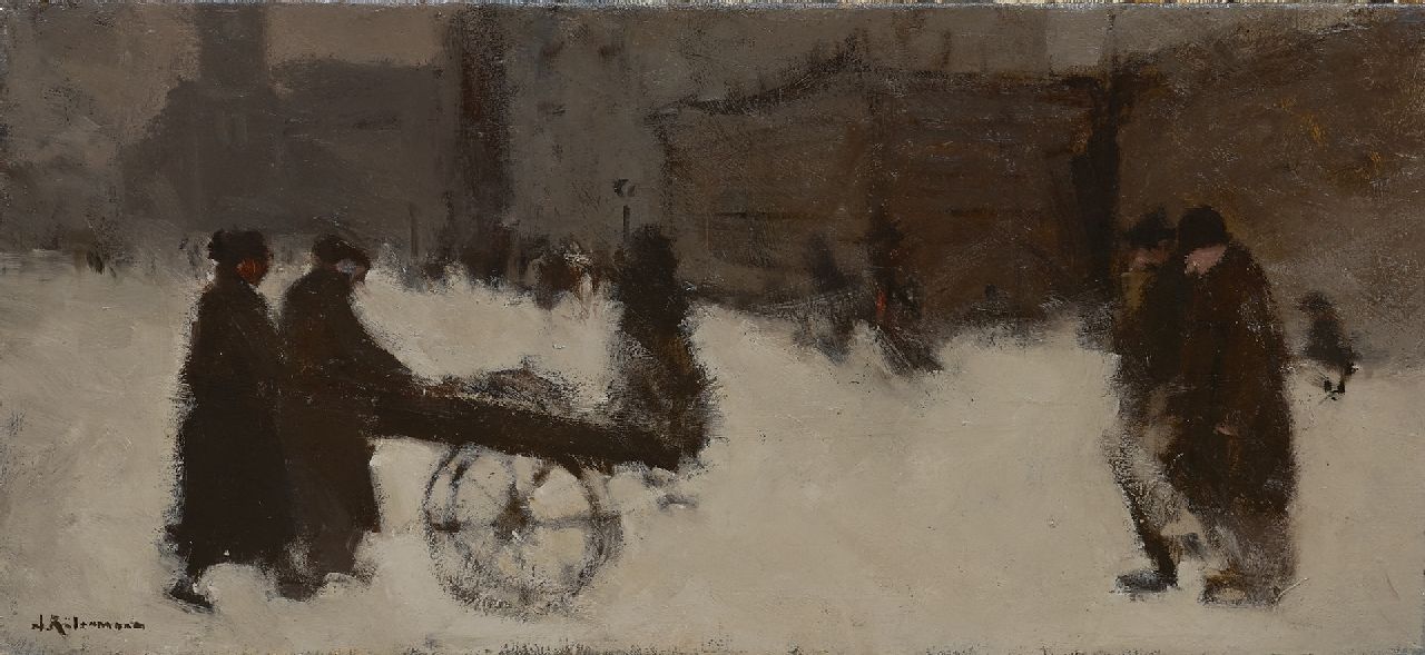 Rijlaarsdam J.  | Jan Rijlaarsdam, Handkar en figuren in de sneeuw, olieverf op doek 30,4 x 60,8 cm, gesigneerd linksonder