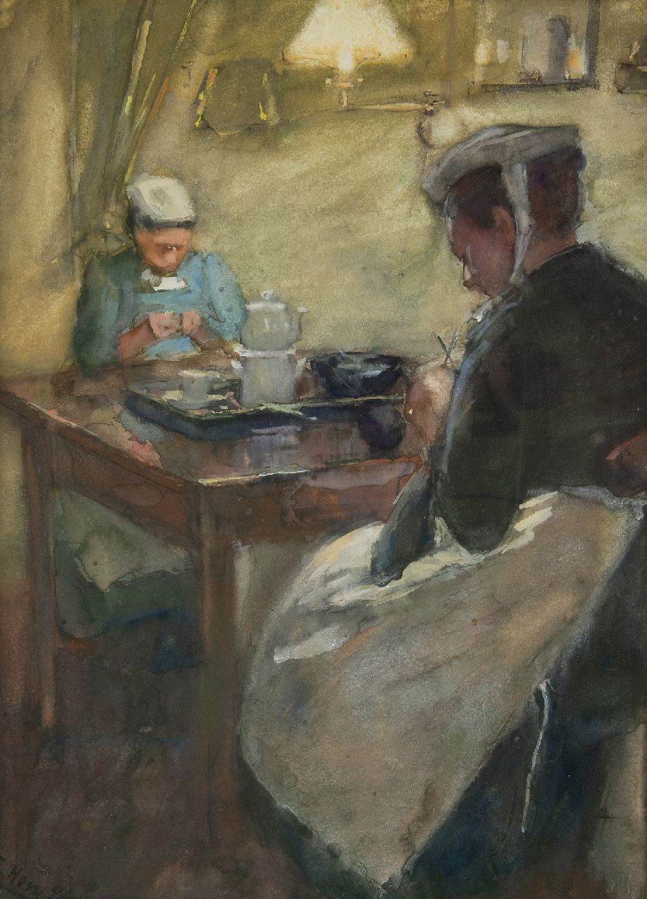 Adriani-Hovy E.M.H.  | 'Elisabeth' Marie Hendrika Adriani-Hovy | Aquarellen en tekeningen te koop aangeboden | Handwerkende dienstbodes bij lamplicht, pastel op papier 49,4 x 38,7 cm, gesigneerd linksonder en gedateerd '94