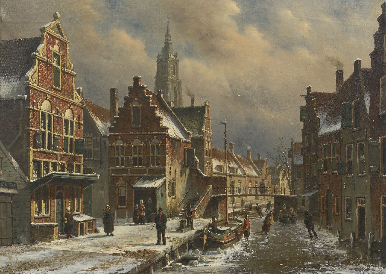 Jongh O.R. de | Oene Romkes de Jongh, Winters stadsgezicht met schaatsers, olieverf op doek 50,4 x 70,5 cm, gesigneerd linksonder resten van signatuur Jongh O.R. de | Oene Romkes de Jongh, Winters stadsgezicht met schaatsers, olieverf op doek 50,4 x 70,5 cm, gesigneerd linksonder resten van signatuur