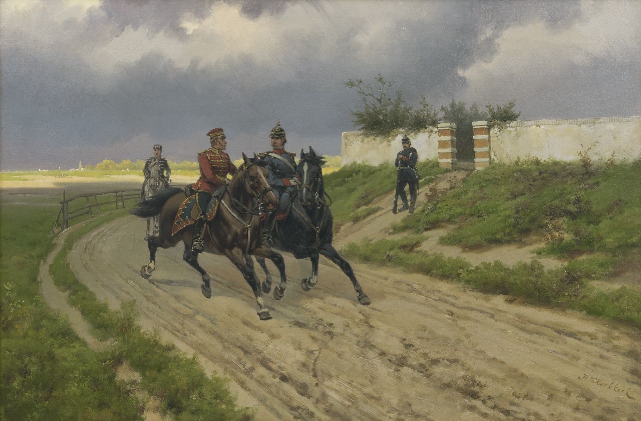 Koekkoek H.W.  | Hermanus Willem Koekkoek | Schilderijen te koop aangeboden | Pruisische cavaleristen te paard, olieverf op doek 40,3 x 60,4 cm, gesigneerd rechtsonder en te dateren 1890