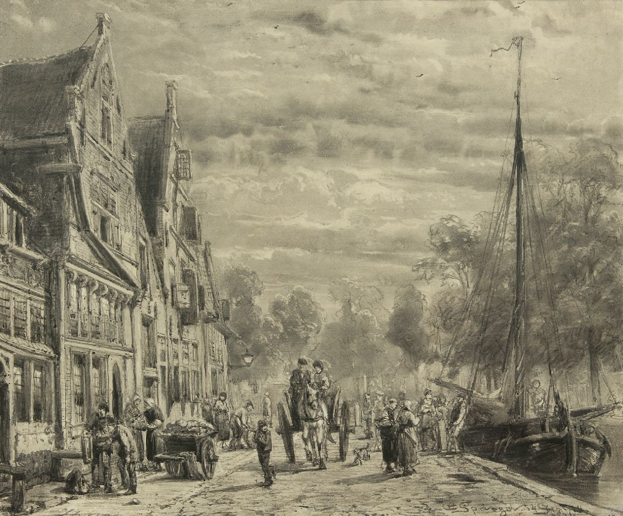 Springer C. | Cornelis Springer, De Biersluis te Hoorn, houtskool op papier 52,2 x 63,2 cm, gesigneerd rechtsonder en gedateerd 14 Sept. 1874 Springer C. | Cornelis Springer, De Biersluis te Hoorn, houtskool op papier 52,2 x 63,2 cm, gesigneerd rechtsonder en gedateerd 14 Sept. 1874