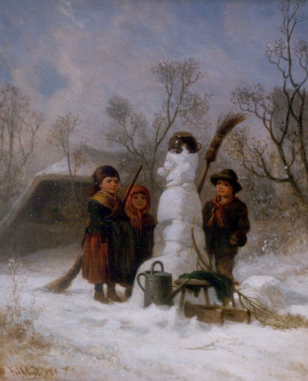 Fröhlich B. | Bernhard Fröhlich, Bewondering voor de mooie sneeuwman, olieverf op doek 26,0 x 21,4 cm, gedateerd '84 Fröhlich B. | Bernhard Fröhlich, Bewondering voor de mooie sneeuwman, olieverf op doek 26,0 x 21,4 cm, gedateerd '84