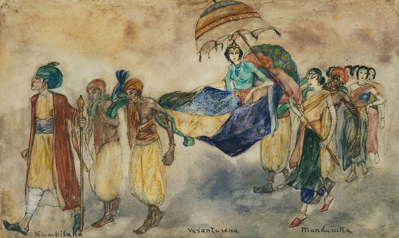 Hoboken J. van | Jacoba 'Jemmy' van Hoboken | Aquarellen en tekeningen te koop aangeboden | Kumbilaka, Vasantasena en Mundanika, pen, inkt en aquarel op papier 22,5 x 37,7 cm