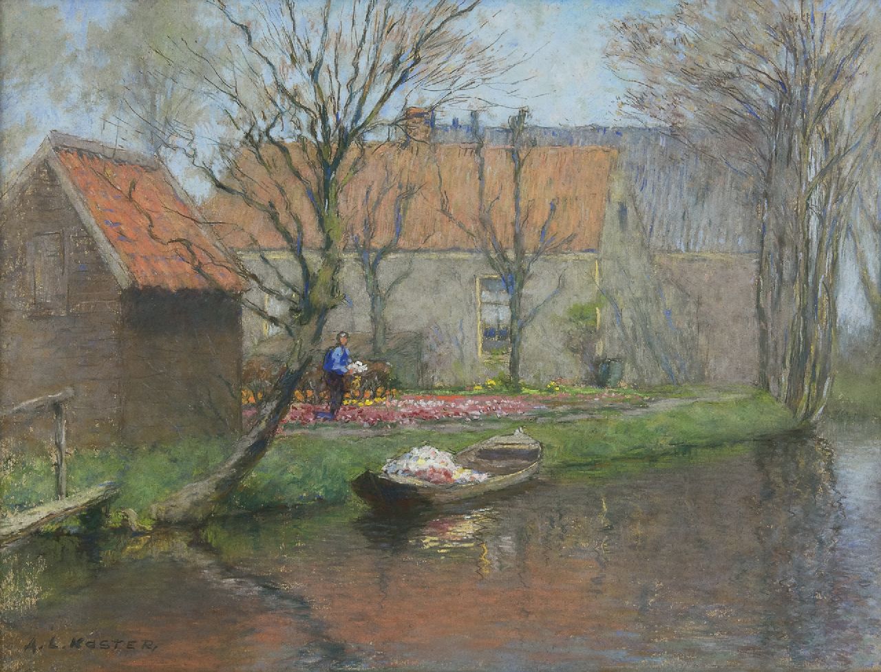 Koster A.L.  | Anton Louis 'Anton' Koster, Het wegvoeren van afgesneden tulpen, pastel op board 39,0 x 51,5 cm, gesigneerd linksonder