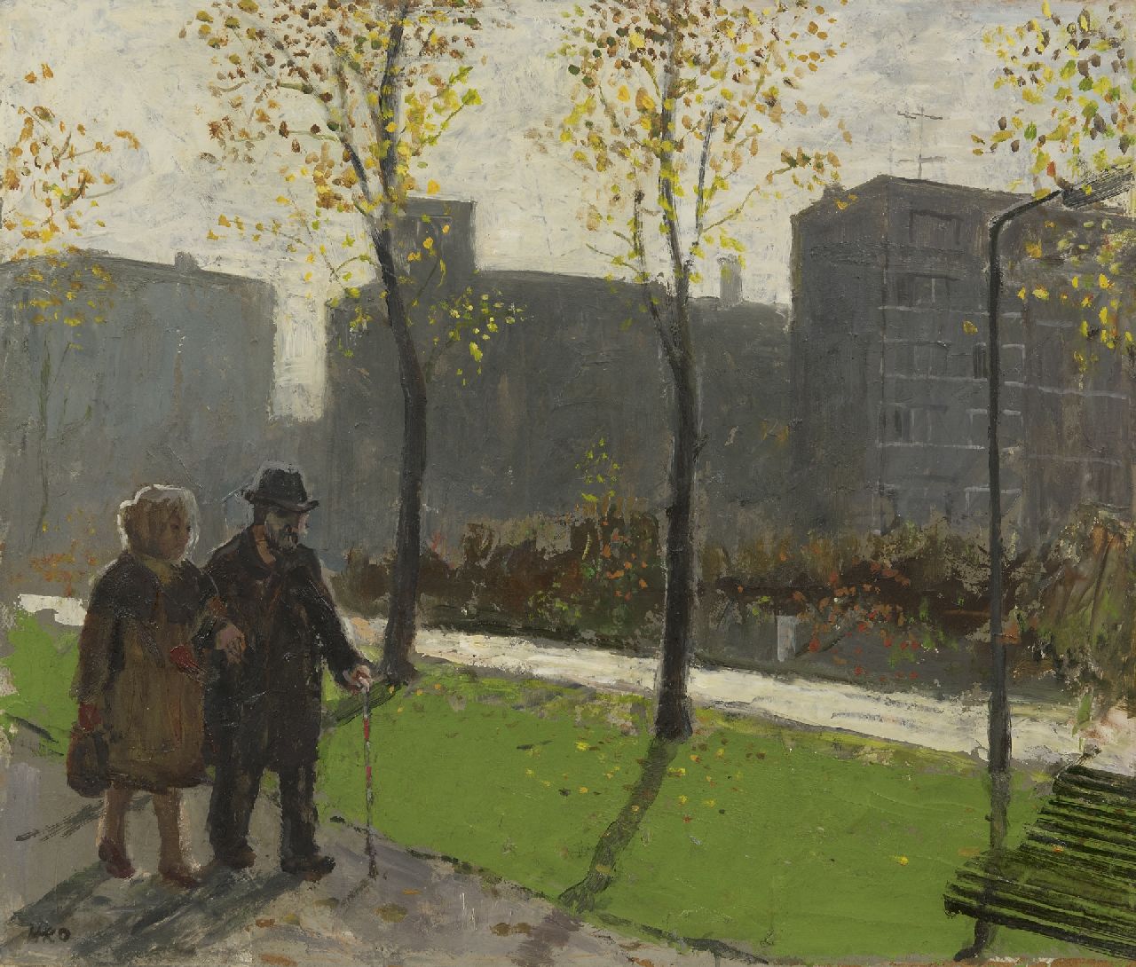 Kamerlingh Onnes H.H. | 'Harm' Henrick Kamerlingh Onnes, Samen wandelen in het park, olieverf op board 35,7 x 42,1 cm, gesigneerd linksonder en verso met monogram en verso gedateerd 1965 Kamerlingh Onnes H.H. | 'Harm' Henrick Kamerlingh Onnes, Samen wandelen in het park, olieverf op board 35,7 x 42,1 cm, gesigneerd linksonder en verso met monogram en verso gedateerd 1965