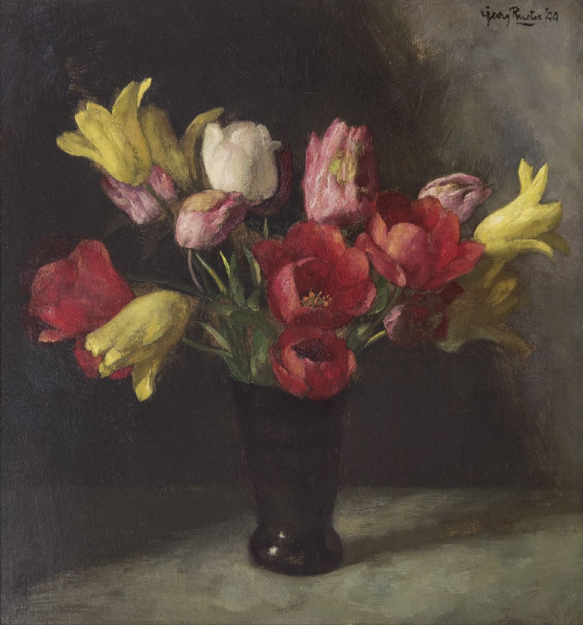 Rueter W.C.G. | Wilhelm Christian 'Georg' Rueter, Tulpen, olieverf op paneel 48,6 x 45,1 cm, gesigneerd rechtsboven en gedateerd '44 Rueter W.C.G. | Wilhelm Christian 'Georg' Rueter, Tulpen, olieverf op paneel 48,6 x 45,1 cm, gesigneerd rechtsboven en gedateerd '44