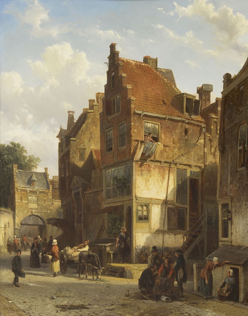 Springer C.  | Cornelis Springer, Bedrijvigheid in een Oud-Hollands straatje, olieverf op paneel 49,0 x 39,0 cm, gesigneerd linksonder + rechtsonder + verso en gedateerd '58