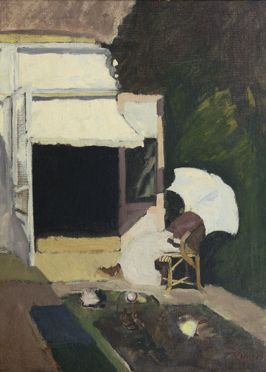 Baarsel P.W. van | Pieter Willem van Baarsel, Vrouw op een terras, olieverf op doek 70,1 x 50,3 cm, gesigneerd rechtsonder met monogram en gedateerd 1914 Baarsel P.W. van | Pieter Willem van Baarsel, Vrouw op een terras, olieverf op doek 70,1 x 50,3 cm, gesigneerd rechtsonder met monogram en gedateerd 1914