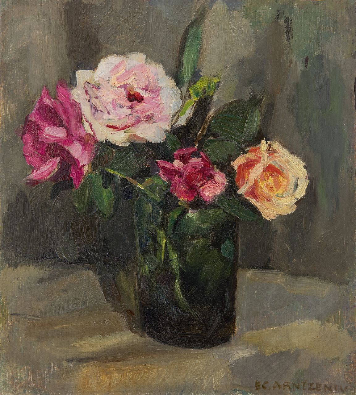 Arntzenius E.C. | Elise Claudine Arntzenius, Rozen in groen glazen vaas, olieverf op paneel 25,9 x 24,0 cm, gesigneerd rechtsonder Arntzenius E.C. | Elise Claudine Arntzenius, Rozen in groen glazen vaas, olieverf op paneel 25,9 x 24,0 cm, gesigneerd rechtsonder