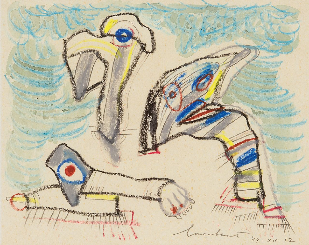 Lucebert (Lubertus Jacobus Swaanswijk) | Lucebert (Lubertus Jacobus Swaanswijk) | Aquarellen en tekeningen te koop aangeboden | Drie wezens, potlood, krijt en aquarel op papier 20,9 x 26,7 cm, gesigneerd rechtsonder en gedateerd 84.XII.12 Lucebert (Lubertus Jacobus Swaanswijk) | Lucebert (Lubertus Jacobus Swaanswijk) | Aquarellen en tekeningen te koop aangeboden | Drie wezens, potlood, krijt en aquarel op papier 20,9 x 26,7 cm, gesigneerd rechtsonder en gedateerd 84.XII.12