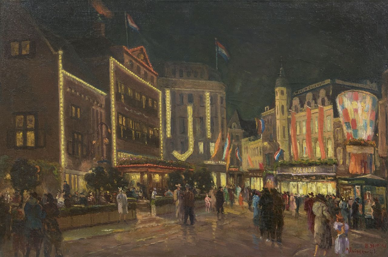 Zuiderwijk A. | Adrianus Zuiderwijk, De Haagse Groenmarkt bij avond, olieverf op doek 60,6 x 90,4 cm, gesigneerd rechtsonder en gedateerd 21 sept '48 Zuiderwijk A. | Adrianus Zuiderwijk, De Haagse Groenmarkt bij avond, olieverf op doek 60,6 x 90,4 cm, gesigneerd rechtsonder en gedateerd 21 sept '48