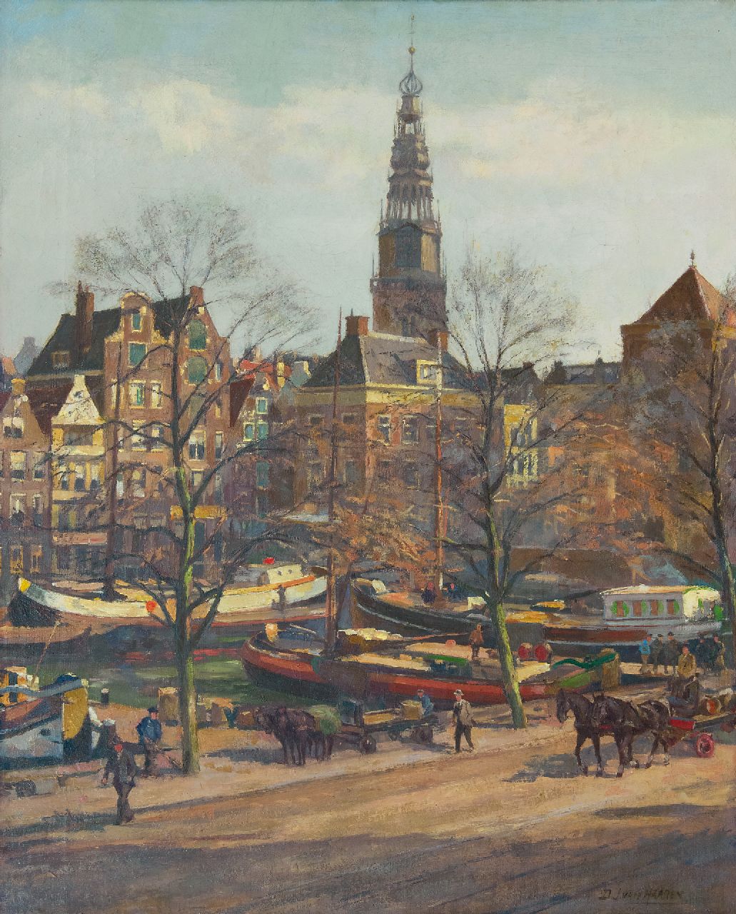 Haaren D.J. van | 'Dirk' Johannes van Haaren | Schilderijen te koop aangeboden | Stadsgezicht van Amsterdam met de Oudekerkstoren, olieverf op doek 58,1 x 47,0 cm, gesigneerd rechtsonder Haaren D.J. van | 'Dirk' Johannes van Haaren | Schilderijen te koop aangeboden | Stadsgezicht van Amsterdam met de Oudekerkstoren, olieverf op doek 58,1 x 47,0 cm, gesigneerd rechtsonder