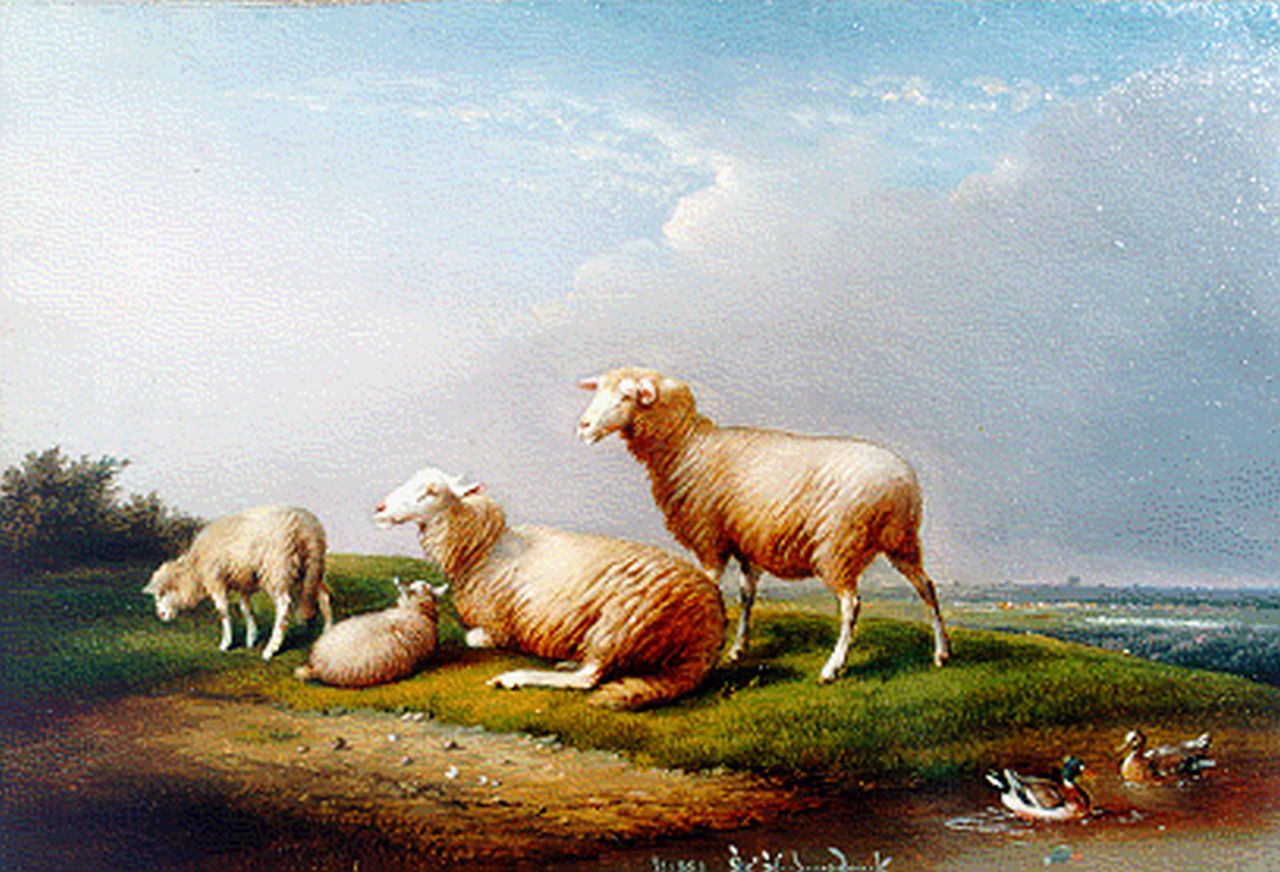 Severdonck F. van | Frans van Severdonck, Schapen en lammetjes in weidelandschap, olieverf op paneel 17,8 x 26,0 cm, gesigneerd middenonder en gedateerd 1889