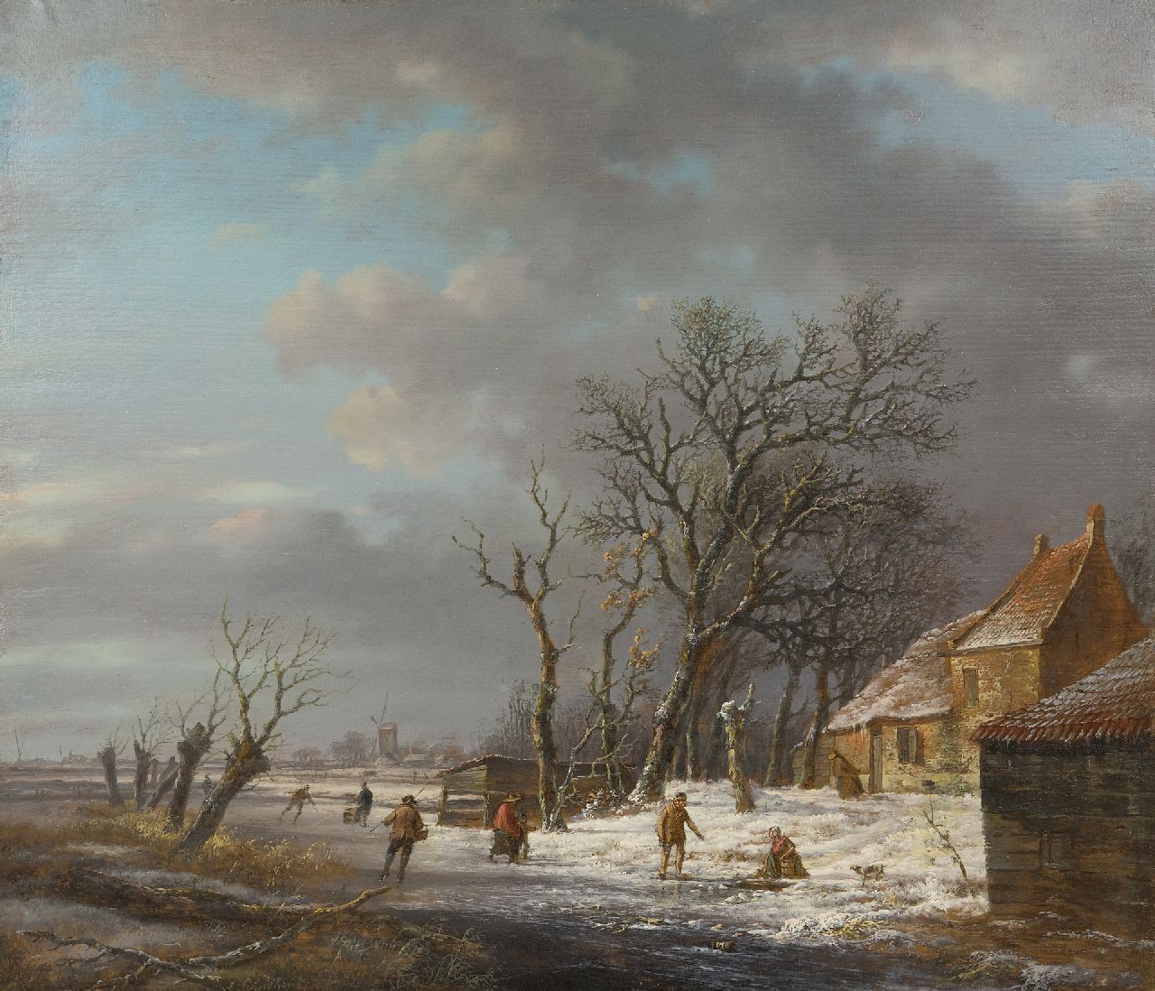 Schelfhout A.  | Andreas Schelfhout, Winterlandschap met schaatsers en een wasvrouw bij een ijsgat, olieverf op paneel 37,0 x 43,1 cm, gesigneerd linksonder en te dateren ca. 1818