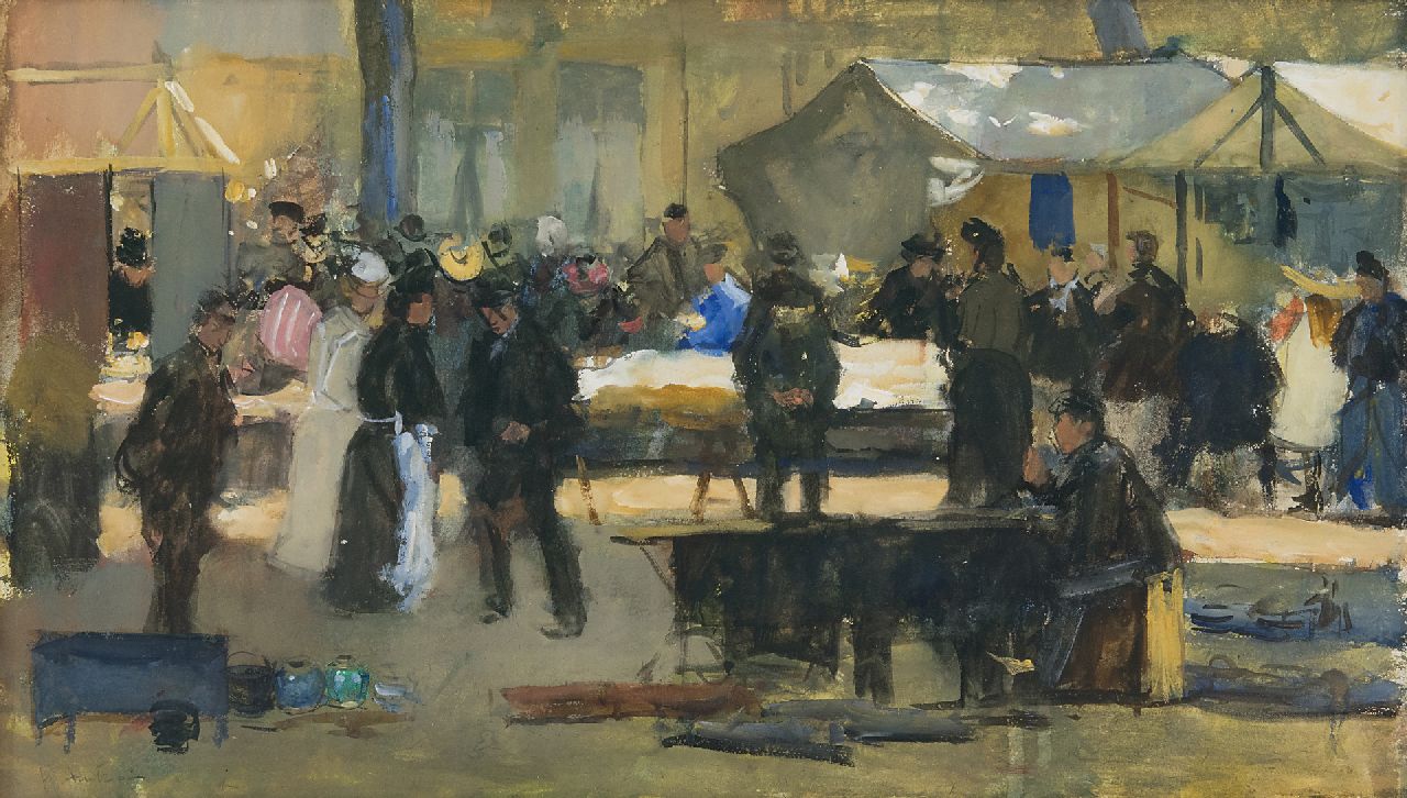 Arntzenius P.F.N.J. | Pieter Florentius Nicolaas Jacobus 'Floris' Arntzenius, Haagse stoffenmarkt, gouache op papier 29,1 x 49,3 cm, gesigneerd linksonder Arntzenius P.F.N.J. | Pieter Florentius Nicolaas Jacobus 'Floris' Arntzenius, Haagse stoffenmarkt, gouache op papier 29,1 x 49,3 cm, gesigneerd linksonder
