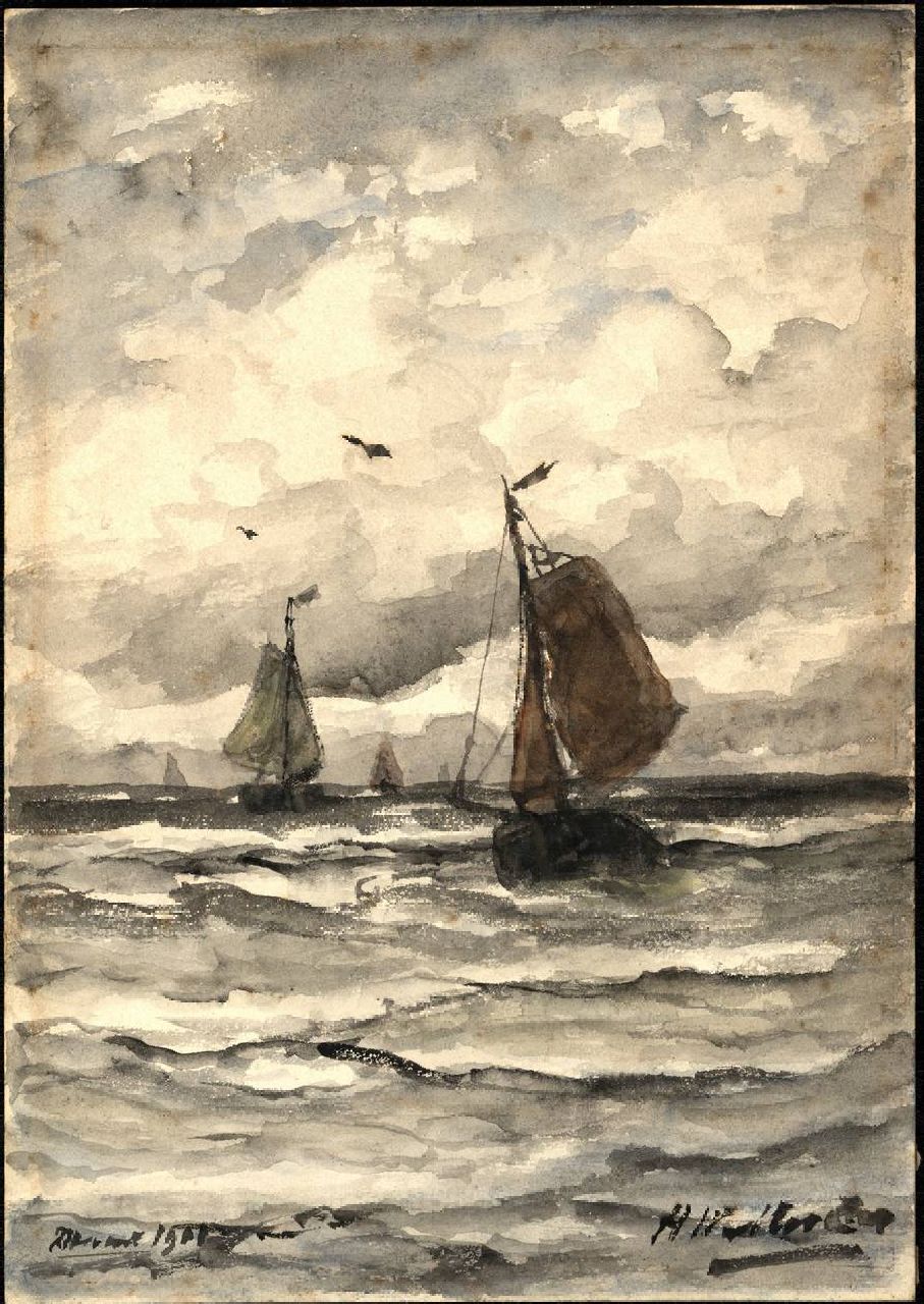 Mesdag H.W. | Hendrik Willem Mesdag, Vissersschuiten op zee, aquarel op schildersboard 26,6 x 18,7 cm, gesigneerd rechtsonder en l.o.: 'Avond' 1901 Mesdag H.W. | Hendrik Willem Mesdag, Vissersschuiten op zee, aquarel op schildersboard 26,6 x 18,7 cm, gesigneerd rechtsonder en l.o.: 'Avond' 1901
