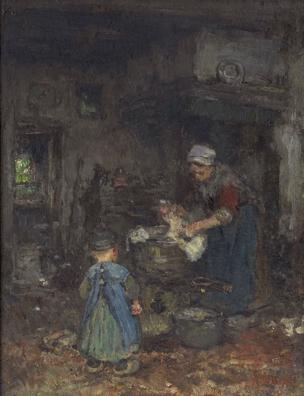 Briët A.H.C.  | 'Arthur' Henri Christiaan Briët | Schilderijen te koop aangeboden | Boereninterieur met moeder en kind, olieverf op board op paneel 29,1 x 22,6 cm, gesigneerd rechtsonder