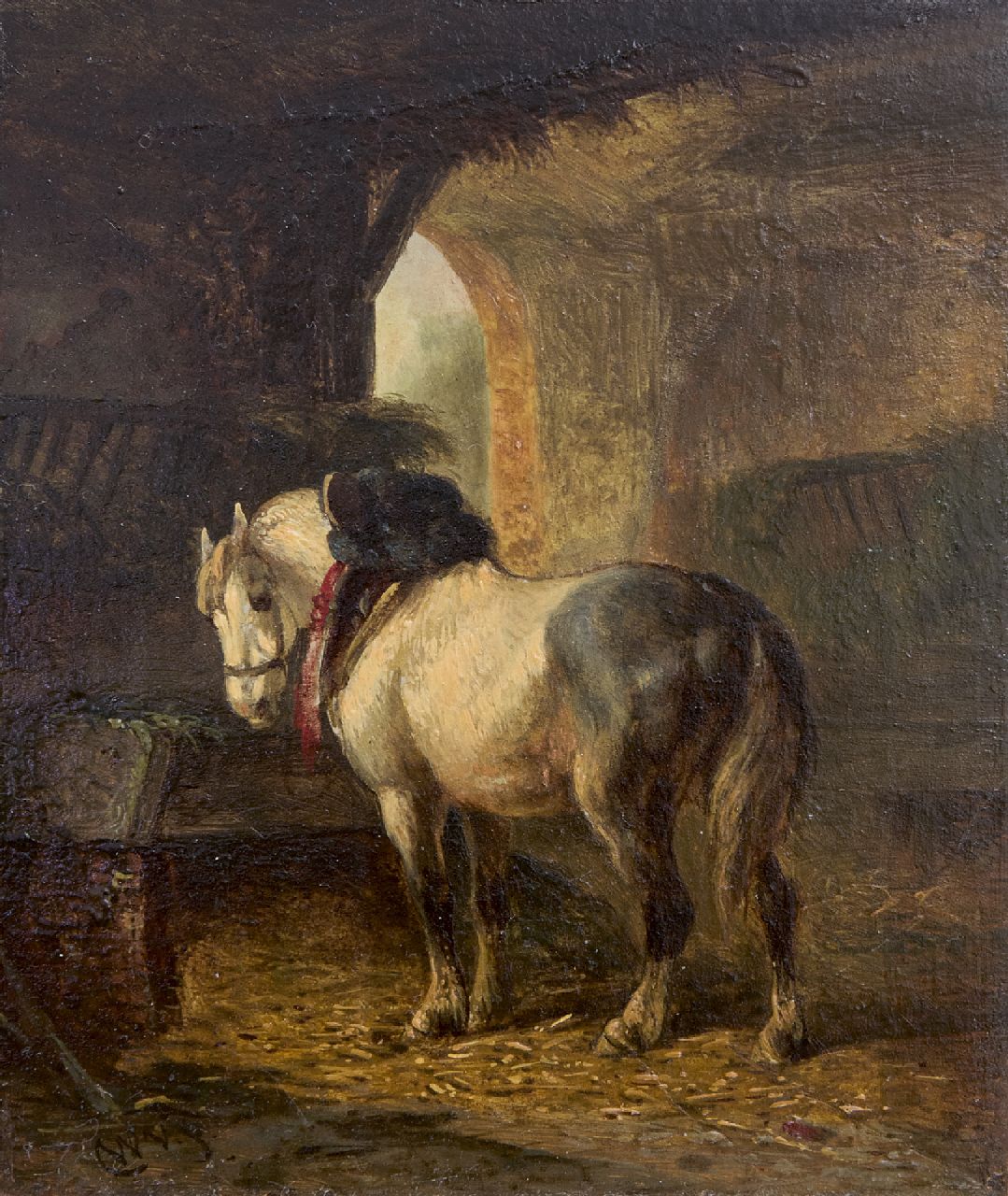 Verschuur W. | Wouterus Verschuur, In de stal, olieverf op paneel 13,3 x 11,0 cm, gesigneerd linksonder met initialen en verso gedateerd op etiket '71 Verschuur W. | Wouterus Verschuur, In de stal, olieverf op paneel 13,3 x 11,0 cm, gesigneerd linksonder met initialen en verso gedateerd op etiket '71