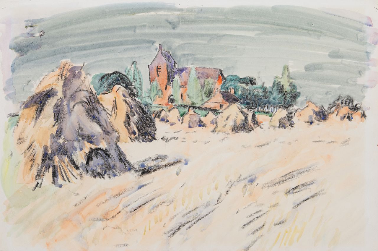 Altink J. | Jan Altink, Zomerlandschap met het kerkje van Oostum, krijt en aquarel op papier 41,2 x 59,7 cm Altink J. | Jan Altink, Zomerlandschap met het kerkje van Oostum, krijt en aquarel op papier 41,2 x 59,7 cm