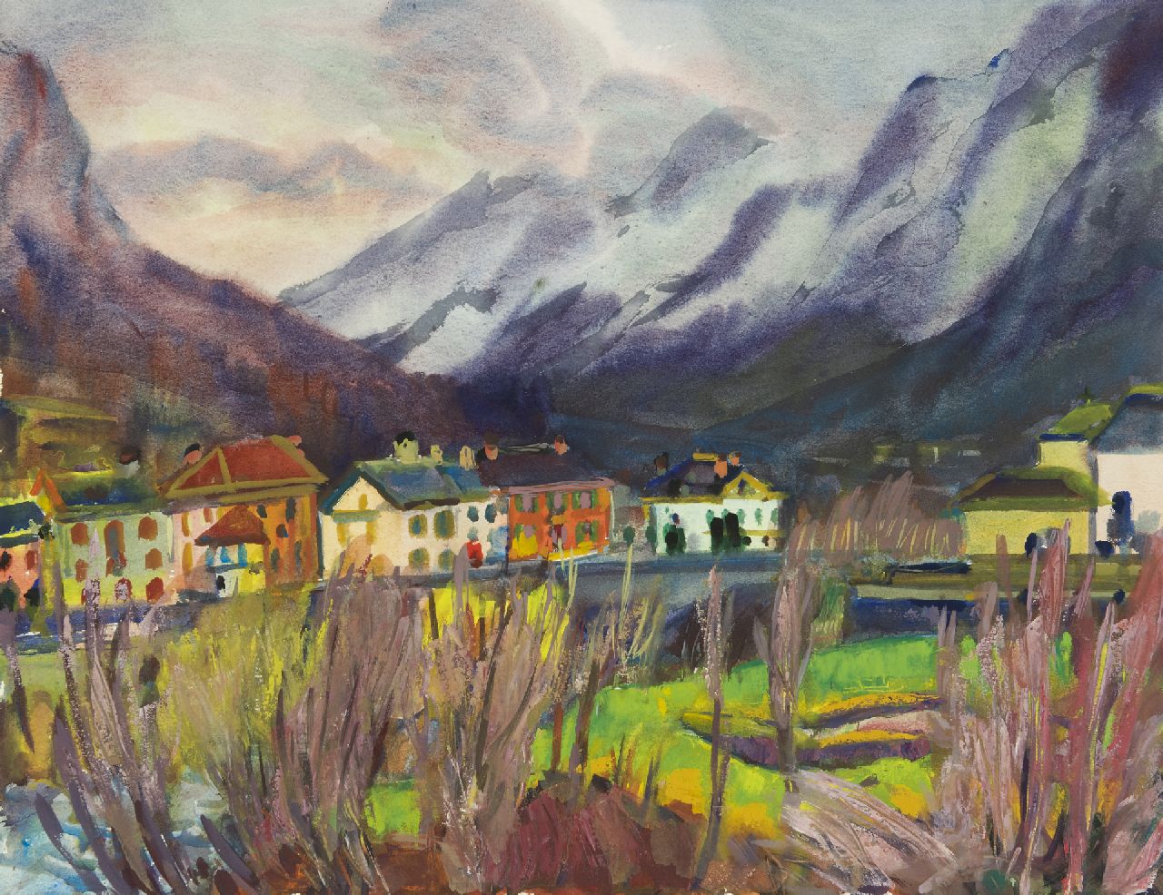 Vries J. de | Jannes de Vries, Gezicht op Bignasco in het Maggiadal, Italië, aquarel en gouache op papier 55,8 x 73,0 cm Vries J. de | Jannes de Vries, Gezicht op Bignasco in het Maggiadal, Italië, aquarel en gouache op papier 55,8 x 73,0 cm
