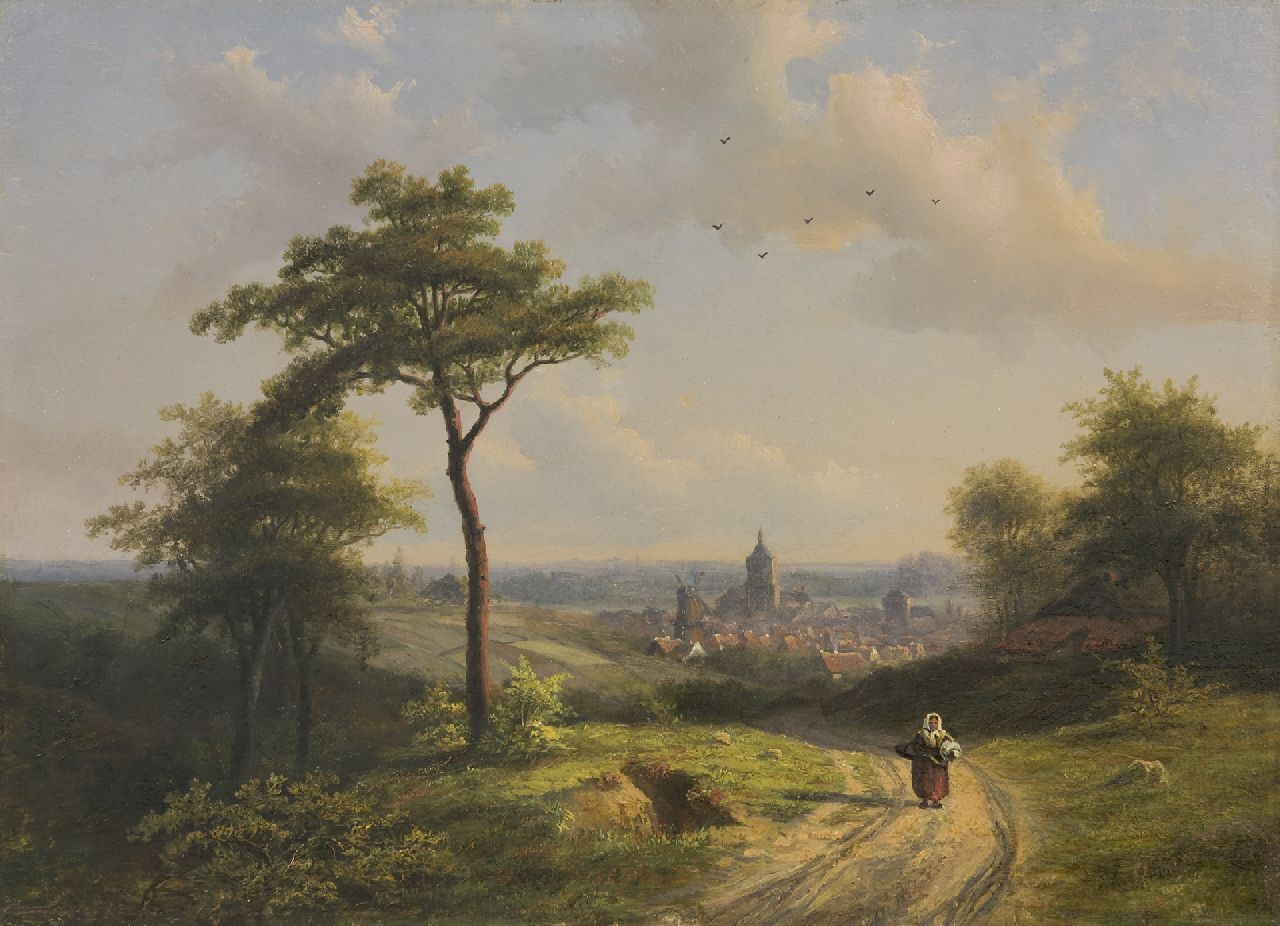 Biester A.  | Anthony Biester, Gezicht op Kleef vanaf de Nimwegerstrasse, olieverf op paneel 32,8 x 45,4 cm, gesigneerd rechtsonder en gedateerd 1864