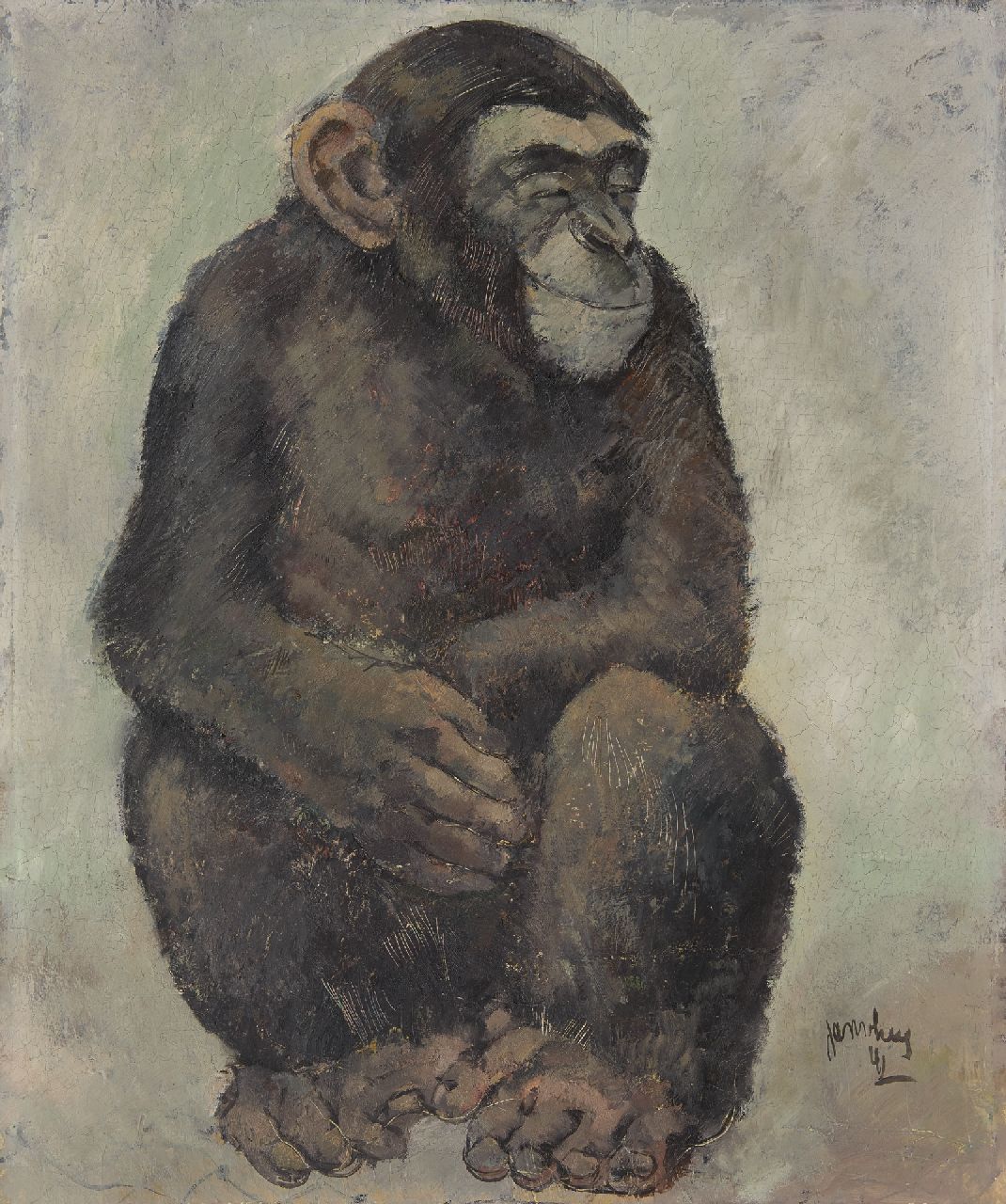 Heel J.J. van | Johannes Jacobus 'Jan' van Heel, Zittende aap, olieverf op board 60,0 x 50,0 cm, gesigneerd rechtsonder en gedateerd '41 Heel J.J. van | Johannes Jacobus 'Jan' van Heel, Zittende aap, olieverf op board 60,0 x 50,0 cm, gesigneerd rechtsonder en gedateerd '41