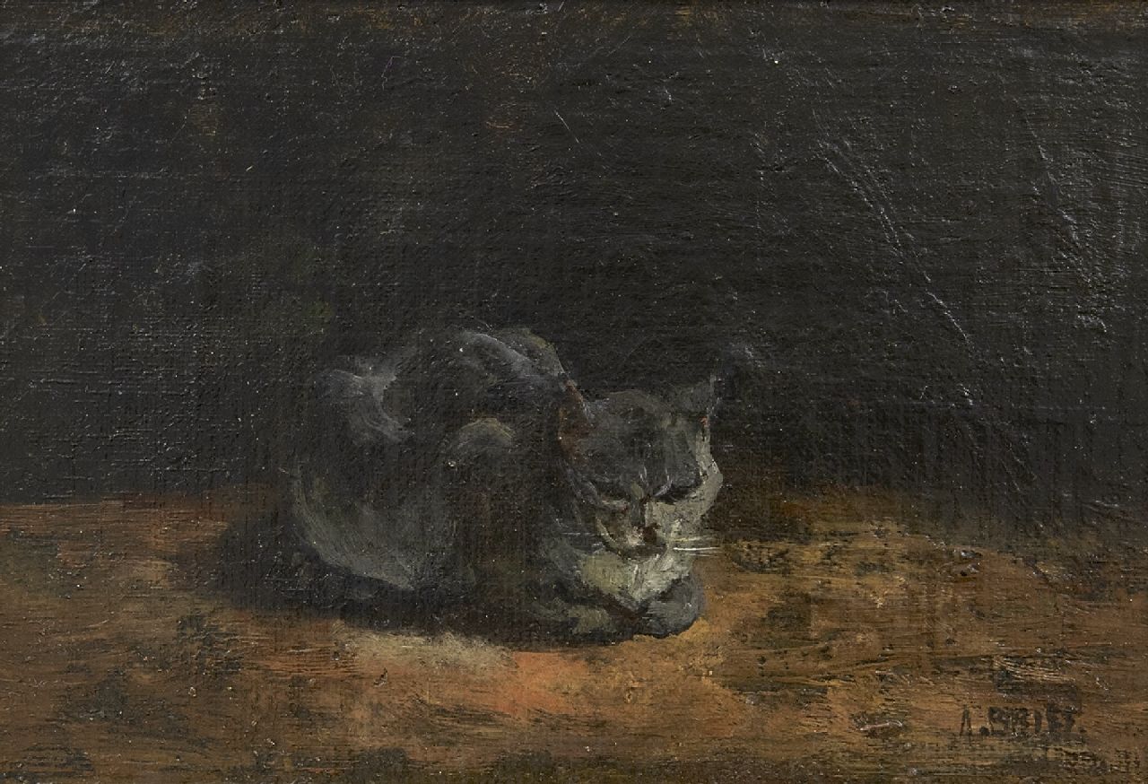 Briët A.H.C. | 'Arthur' Henri Christiaan Briët, Slapende grijze kat, olieverf op doek op paneel 13,0 x 20,8 cm, gesigneerd rechtsonder Briët A.H.C. | 'Arthur' Henri Christiaan Briët, Slapende grijze kat, olieverf op doek op paneel 13,0 x 20,8 cm, gesigneerd rechtsonder