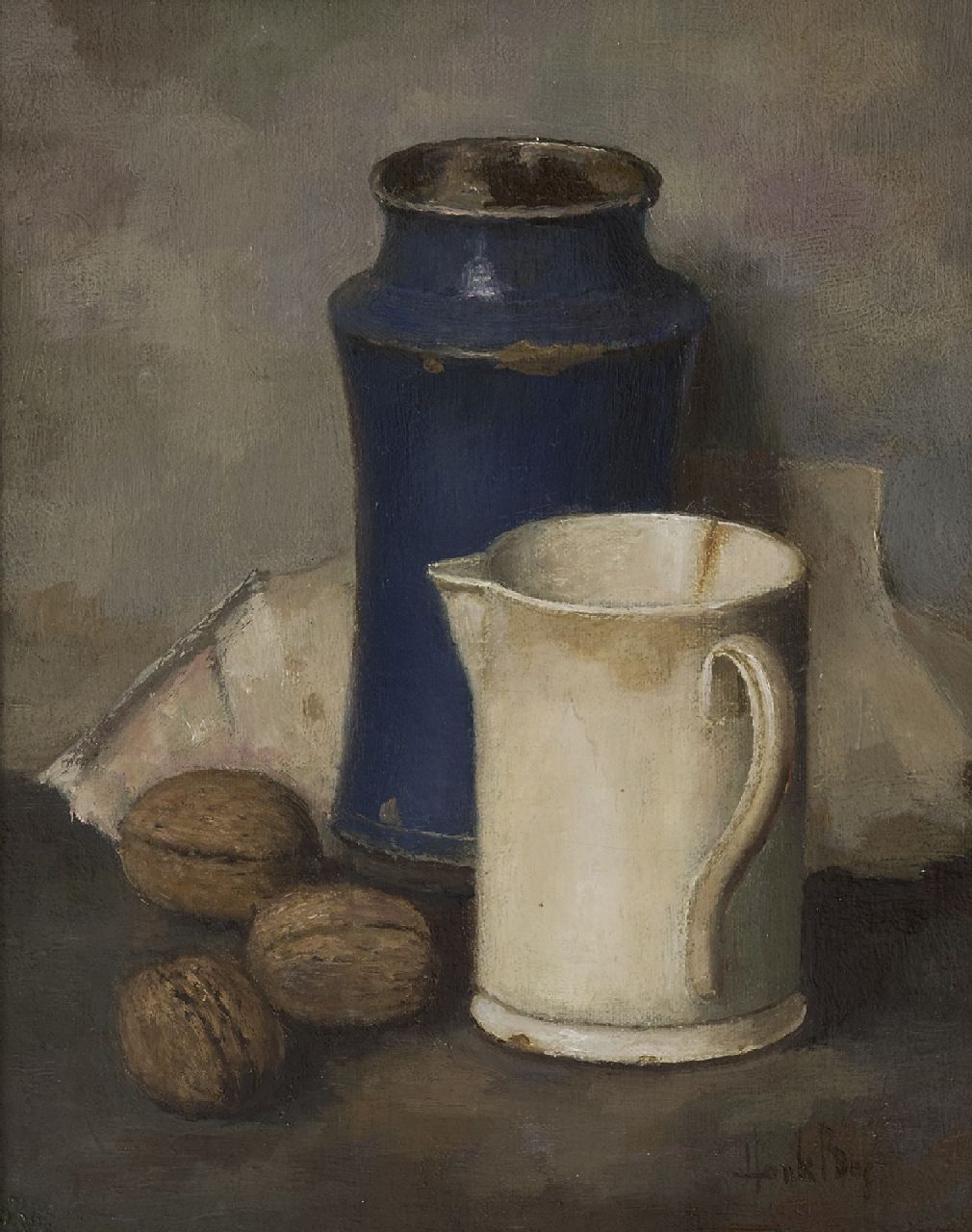 Bos H.  | Hendrik 'Henk' Bos | Schilderijen te koop aangeboden | Stilleven met aardewerk en walnoten, olieverf op doek 30,3 x 24,5 cm, gesigneerd rechtsonder