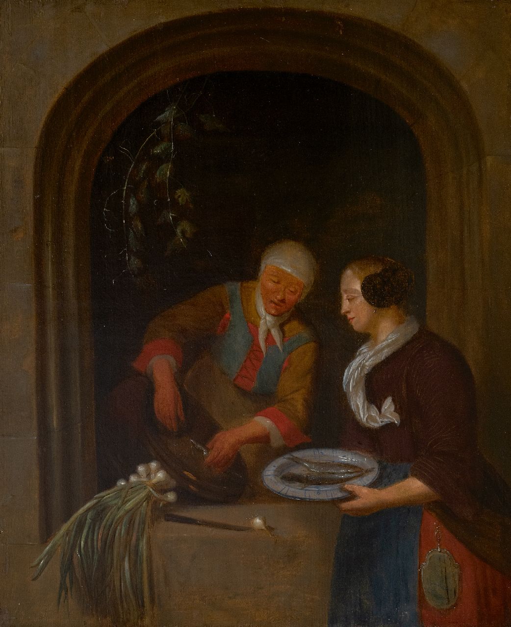 Noord-Nederlandse School, begin 18e eeuw   | Noord-Nederlandse School, begin 18e eeuw | Schilderijen te koop aangeboden | De haringverkoopster, olieverf op paneel 49,2 x 41,7 cm