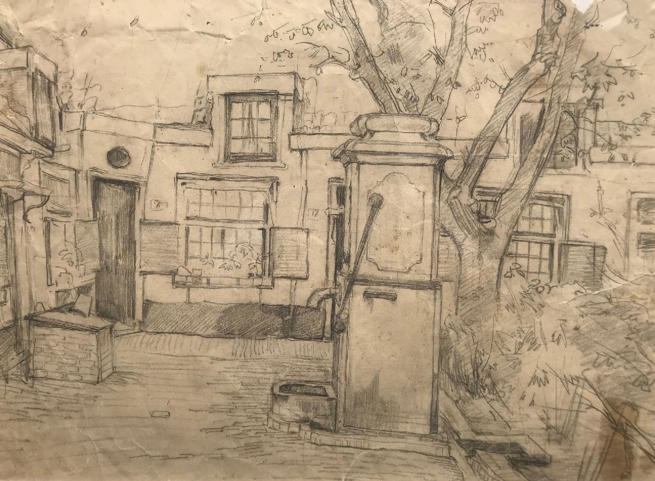 Ritsema J.C. | 'Jacob' Coenraad Ritsema | Aquarellen en tekeningen te koop aangeboden | Het Hofje van Loo in Haarlem, zwart krijt op papier 36,6 x 49,0 cm Ritsema J.C. | 'Jacob' Coenraad Ritsema | Aquarellen en tekeningen te koop aangeboden | Het Hofje van Loo in Haarlem, zwart krijt op papier 36,6 x 49,0 cm