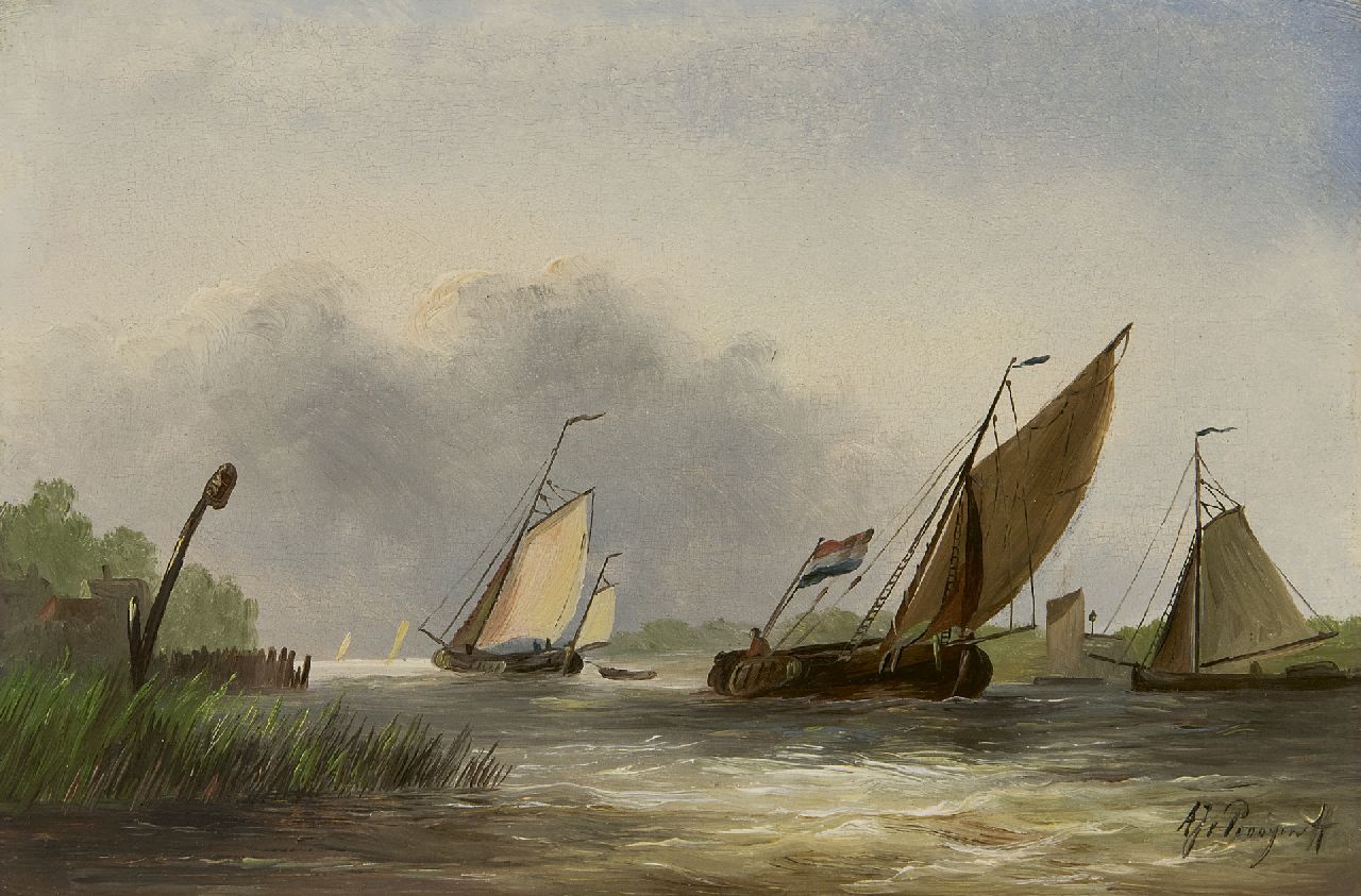 Prooijen A.J. van | Albert Jurardus van Prooijen | Schilderijen te koop aangeboden | Tjalken in een stevige bries, olieverf op paneel 17,5 x 26,4 cm, gesigneerd rechtsonder Prooijen A.J. van | Albert Jurardus van Prooijen | Schilderijen te koop aangeboden | Tjalken in een stevige bries, olieverf op paneel 17,5 x 26,4 cm, gesigneerd rechtsonder