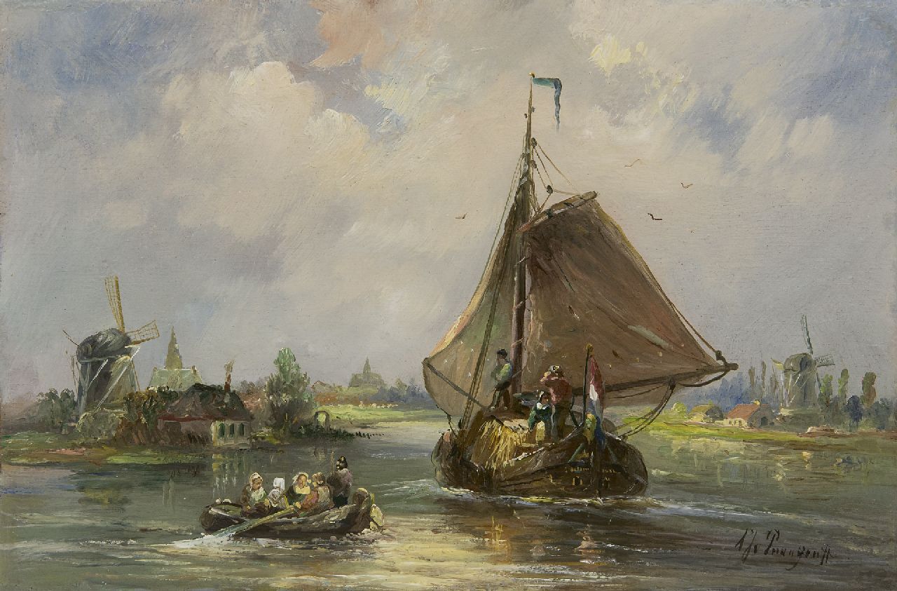 Prooijen A.J. van | Albert Jurardus van Prooijen | Schilderijen te koop aangeboden | Riviergezicht met zeilende hooitjalk, olieverf op paneel 21,2 x 32,0 cm, gesigneerd rechtsonder Prooijen A.J. van | Albert Jurardus van Prooijen | Schilderijen te koop aangeboden | Riviergezicht met zeilende hooitjalk, olieverf op paneel 21,2 x 32,0 cm, gesigneerd rechtsonder