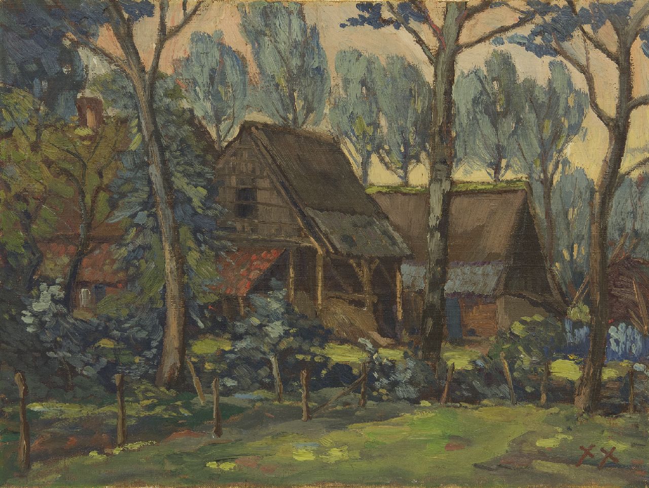 Kruysen J. | Johannes 'Jan' Kruysen | Schilderijen te koop aangeboden | Boerenerf, olieverf op doek 45,2 x 60,3 cm, gesigneerd rechtsonder met monogram Kruysen J. | Johannes 'Jan' Kruysen | Schilderijen te koop aangeboden | Boerenerf, olieverf op doek 45,2 x 60,3 cm, gesigneerd rechtsonder met monogram