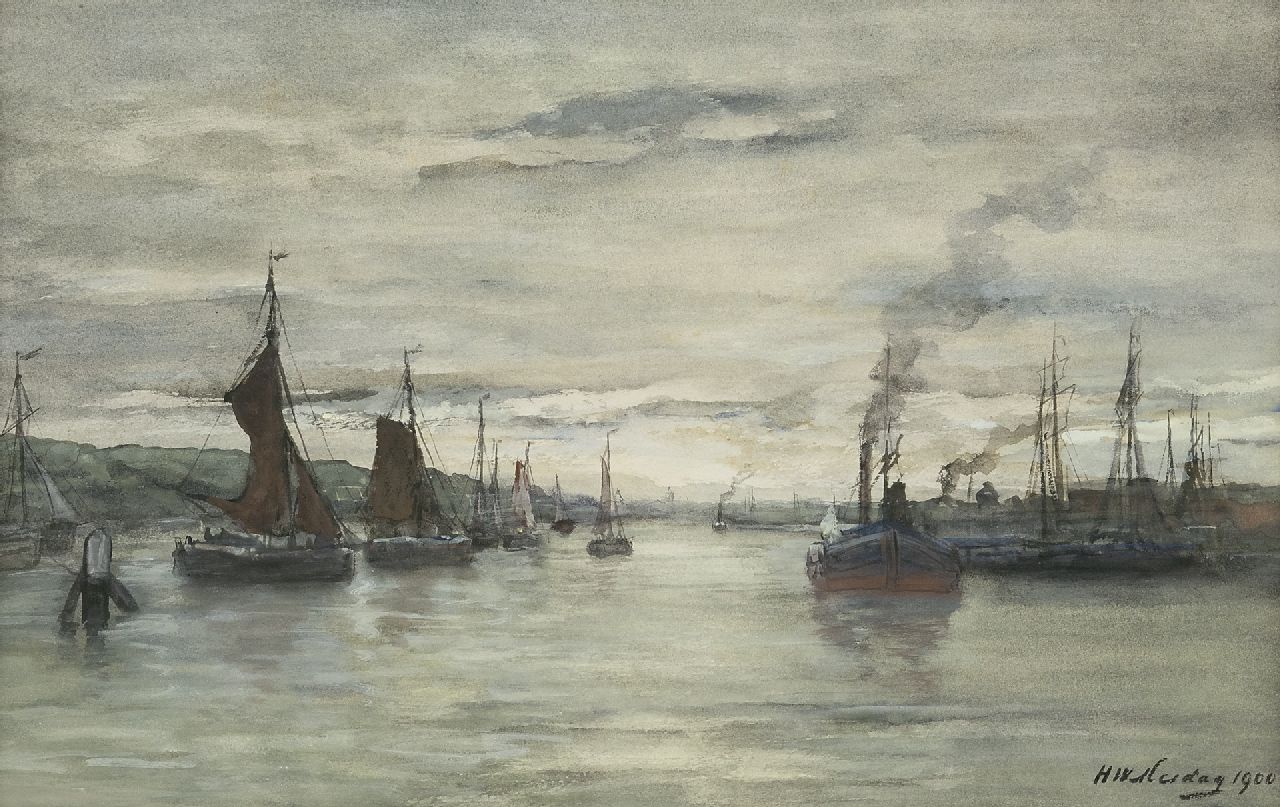 Mesdag H.W. | Hendrik Willem Mesdag, Binnenhaven Scheveningen, aquarel op papier 34,4 x 51,9 cm, gesigneerd rechtsonder en gedateerd 1900 Mesdag H.W. | Hendrik Willem Mesdag, Binnenhaven Scheveningen, aquarel op papier 34,4 x 51,9 cm, gesigneerd rechtsonder en gedateerd 1900